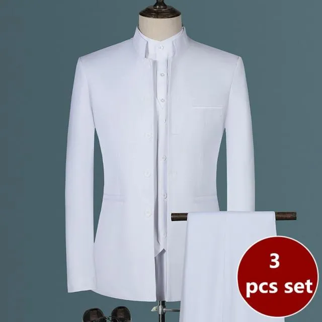 2021 Fashion Men's Casual Boutique White Stand Up Collar Chinese Style 3 Pcs Suit Set Slim Fit Blazers Jacket Coat Pants Vest