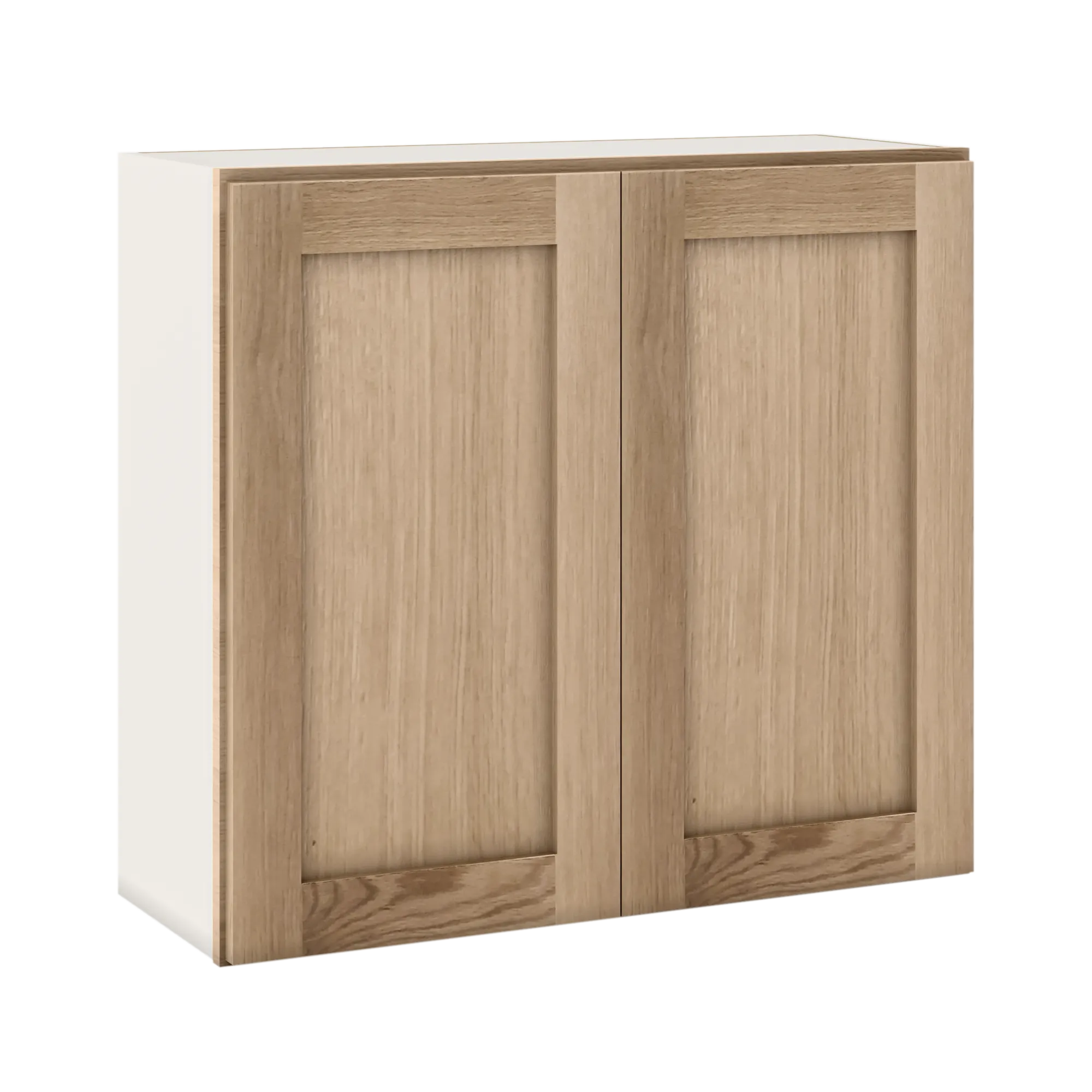 30" Tall Natural Color White Oak Shaker Shaker 1-1/4" Overlay Wall Cabinet - Double Door 24", 27", 30", 33" & 36"