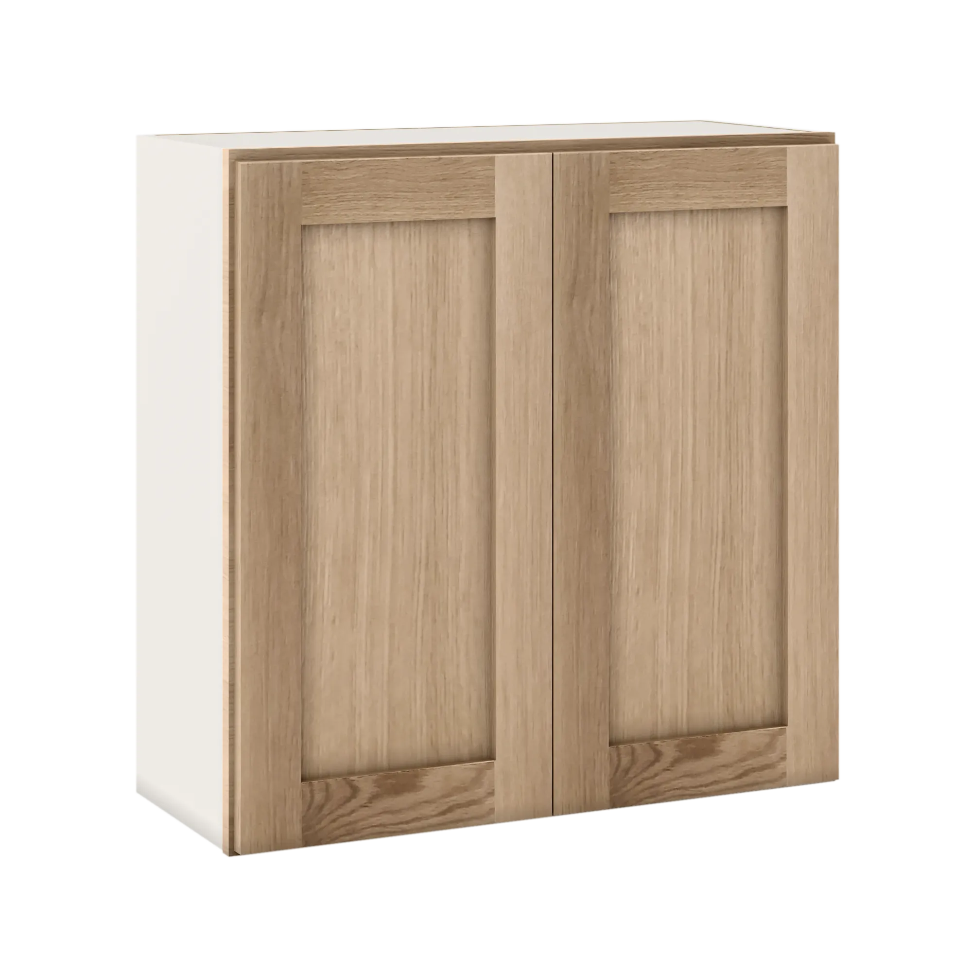 30" Tall Natural Color White Oak Shaker Shaker 1-1/4" Overlay Wall Cabinet - Double Door 24", 27", 30", 33" & 36"