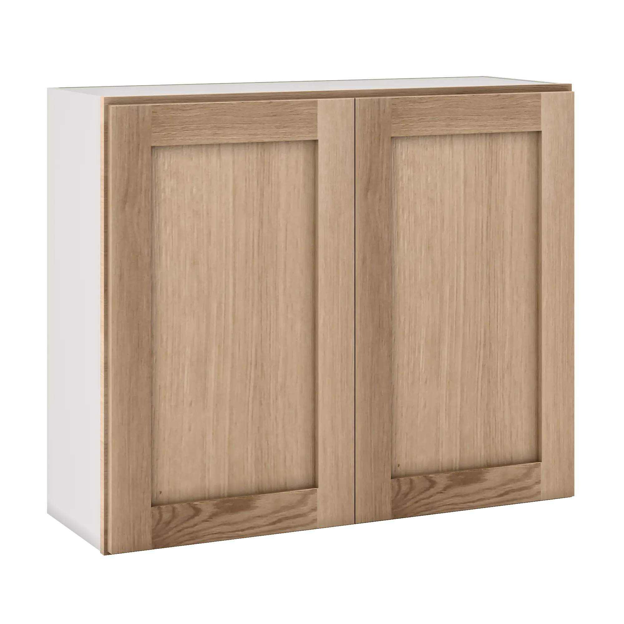 30" Tall Natural Color White Oak Shaker Shaker 1-1/4" Overlay Wall Cabinet - Double Door 24", 27", 30", 33" & 36"