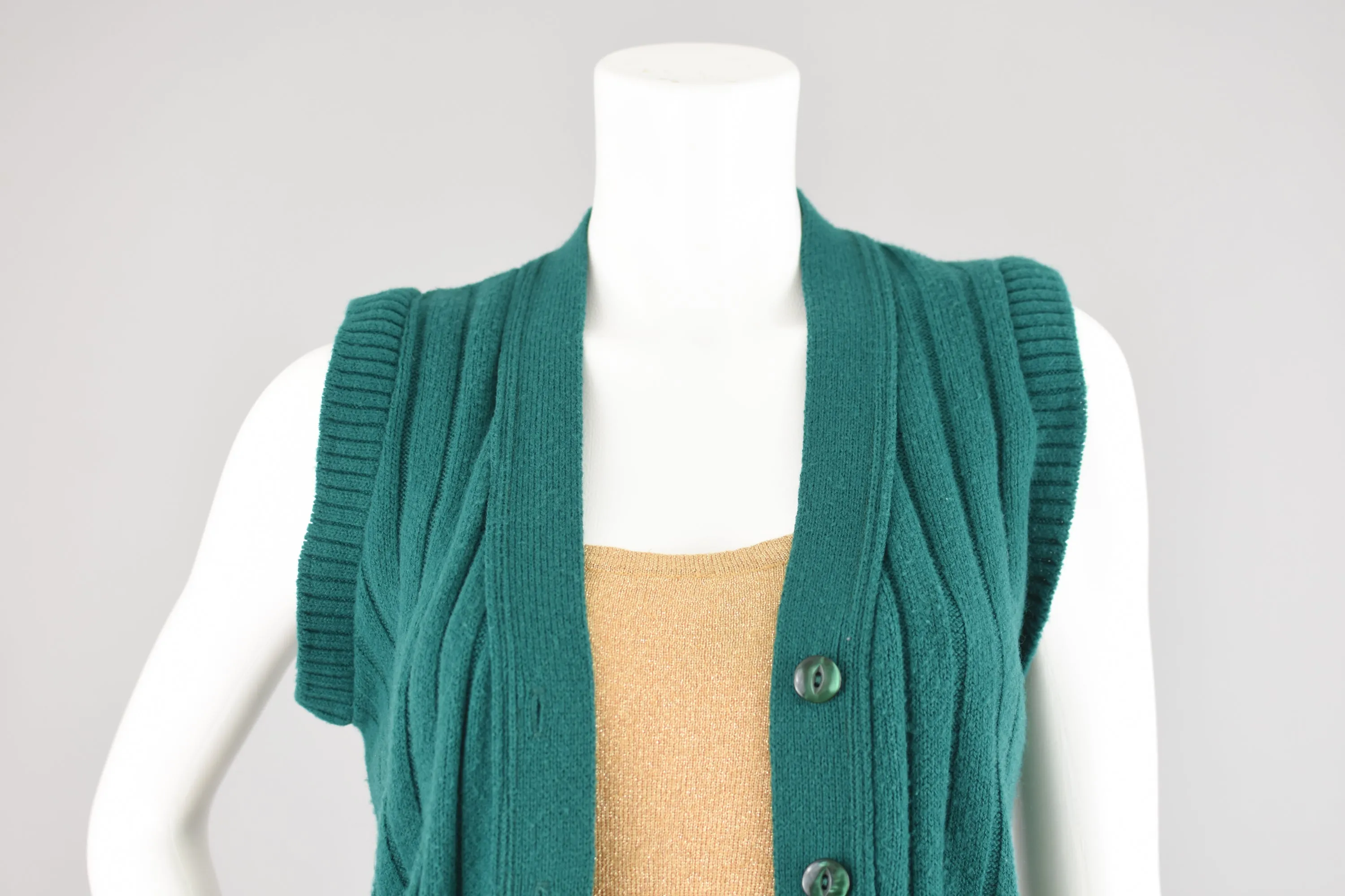 70s Ribbed Green Sweater Vest, Button Down Cardigan, Size Small