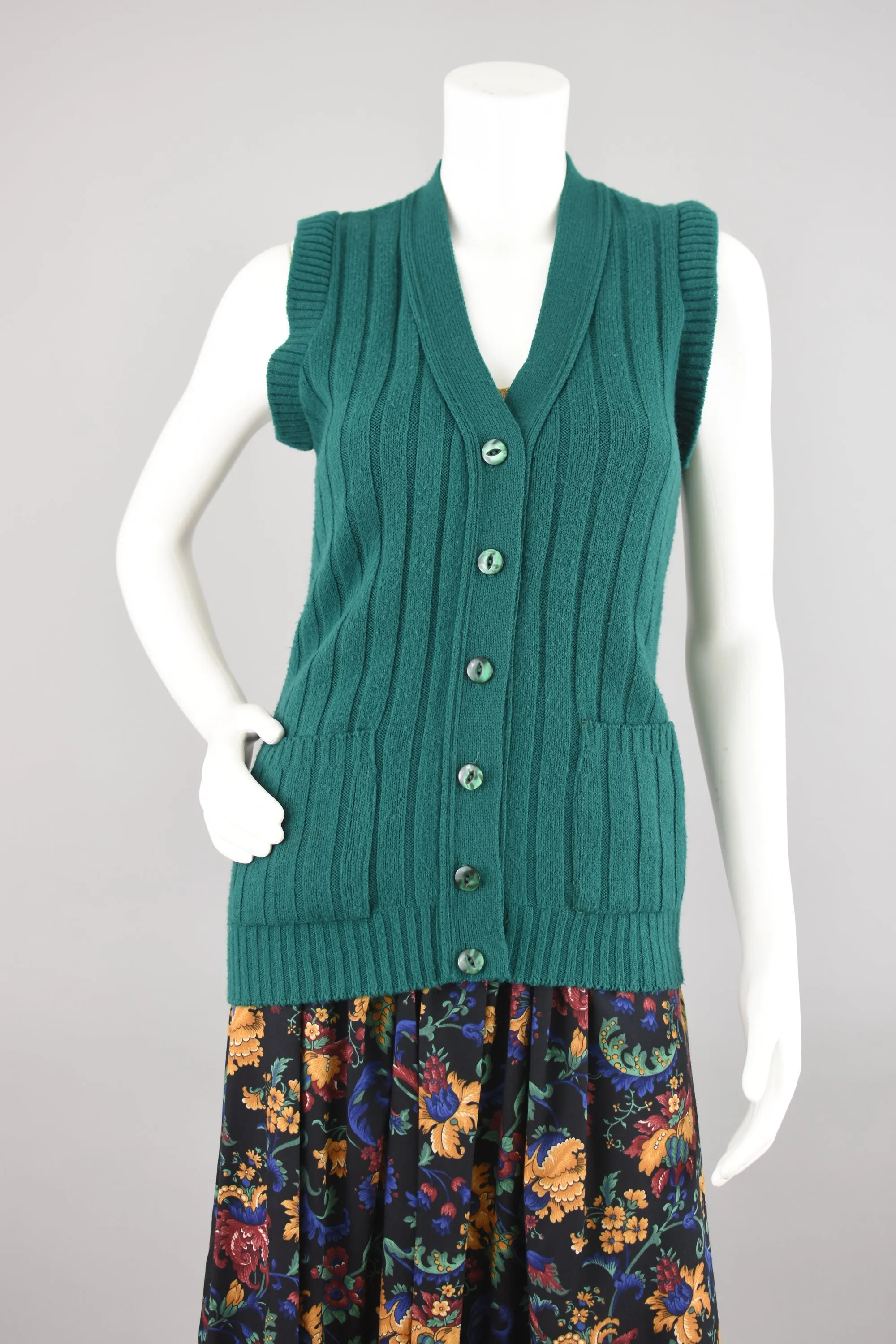 70s Ribbed Green Sweater Vest, Button Down Cardigan, Size Small