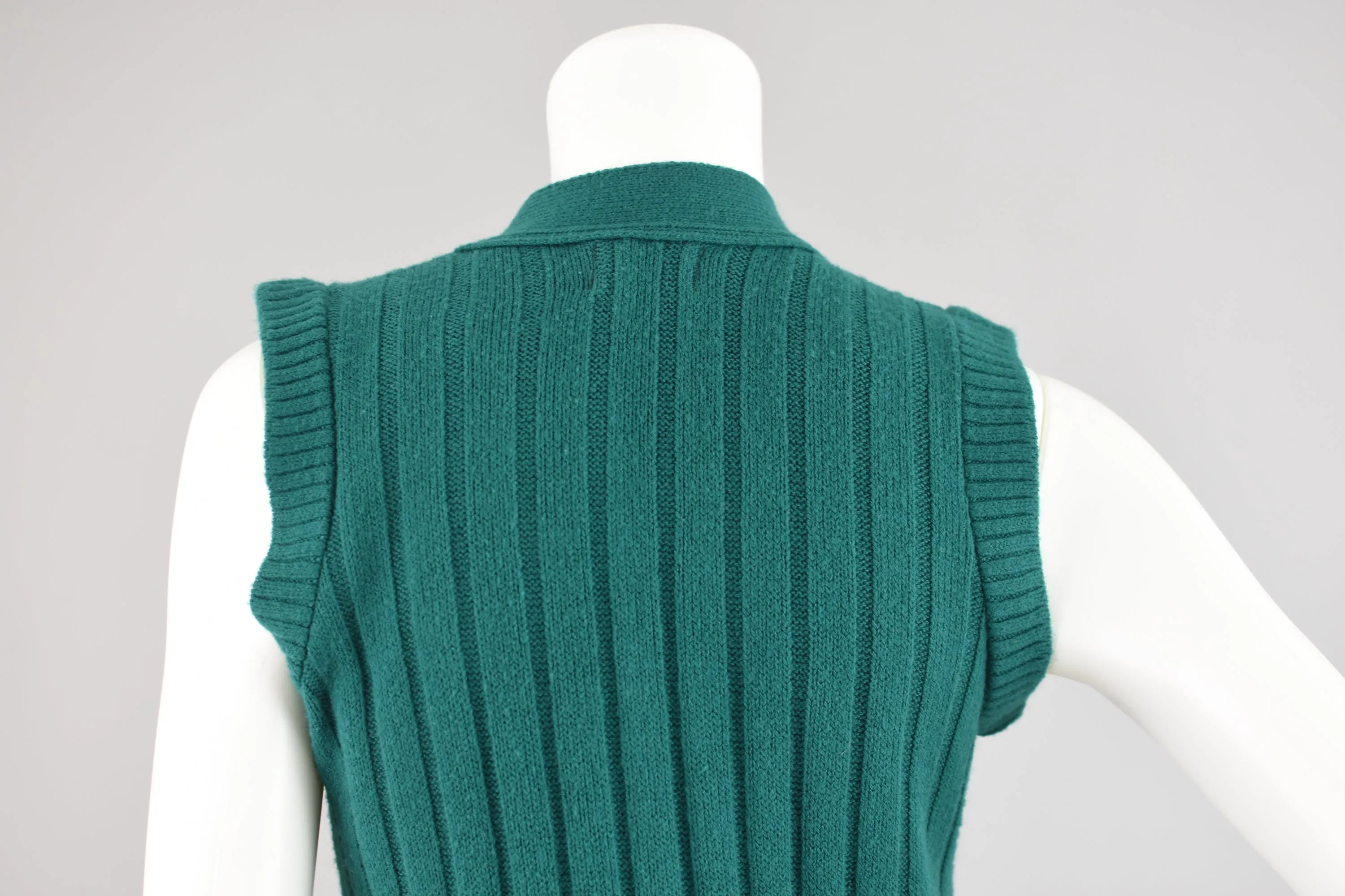 70s Ribbed Green Sweater Vest, Button Down Cardigan, Size Small