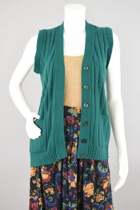 70s Ribbed Green Sweater Vest, Button Down Cardigan, Size Small