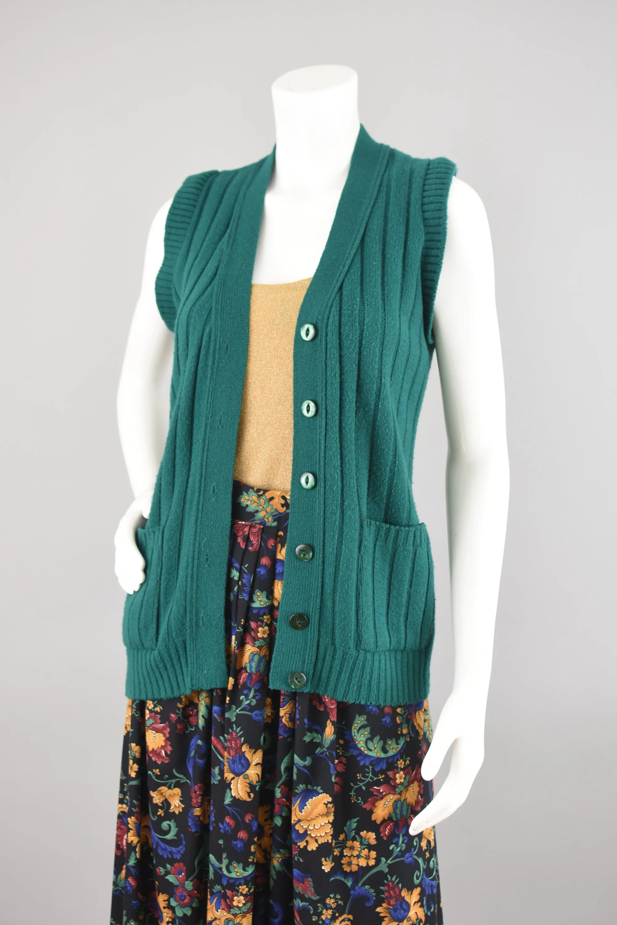 70s Ribbed Green Sweater Vest, Button Down Cardigan, Size Small