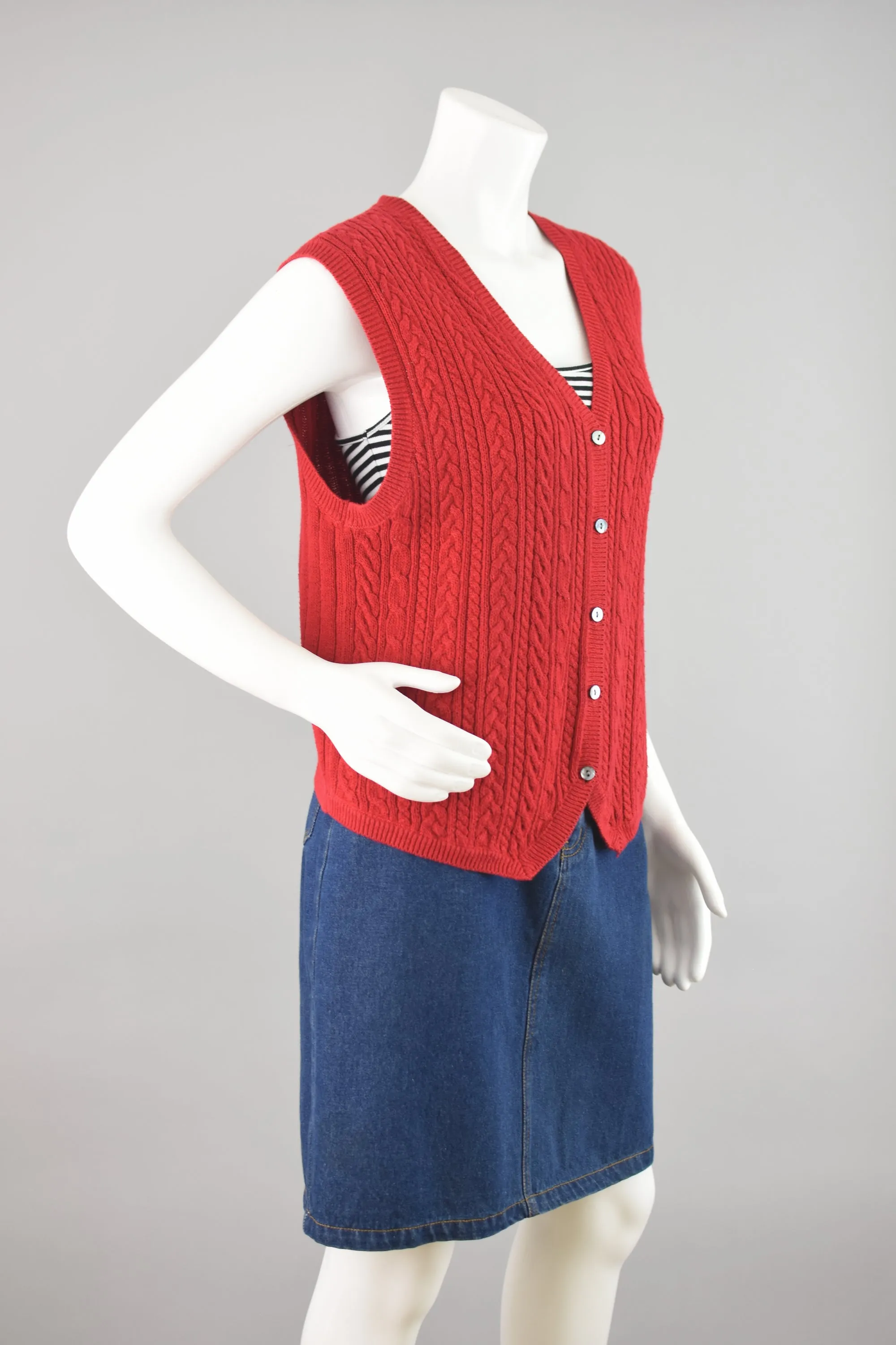 90s Red Cable Knit Sweater Vest, Women's Medium