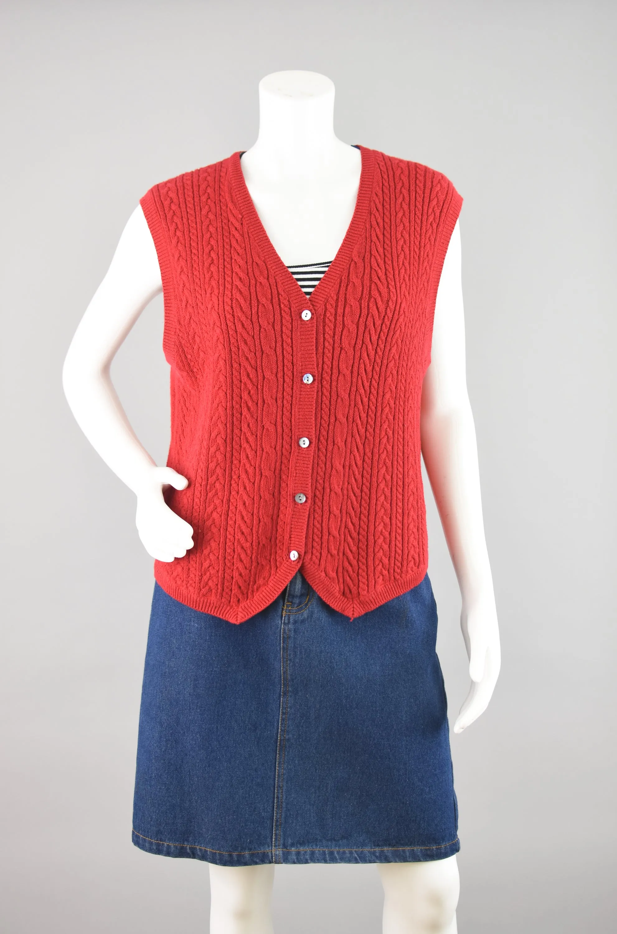 90s Red Cable Knit Sweater Vest, Women's Medium