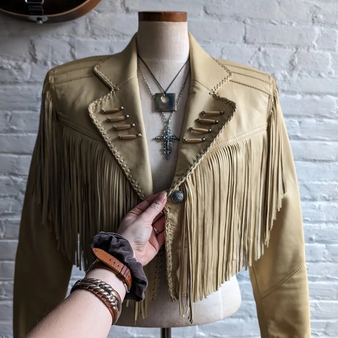 90s Vintage Neutral Leather Fringe Biker Jacket Cropped Tan Western Moto Shacket