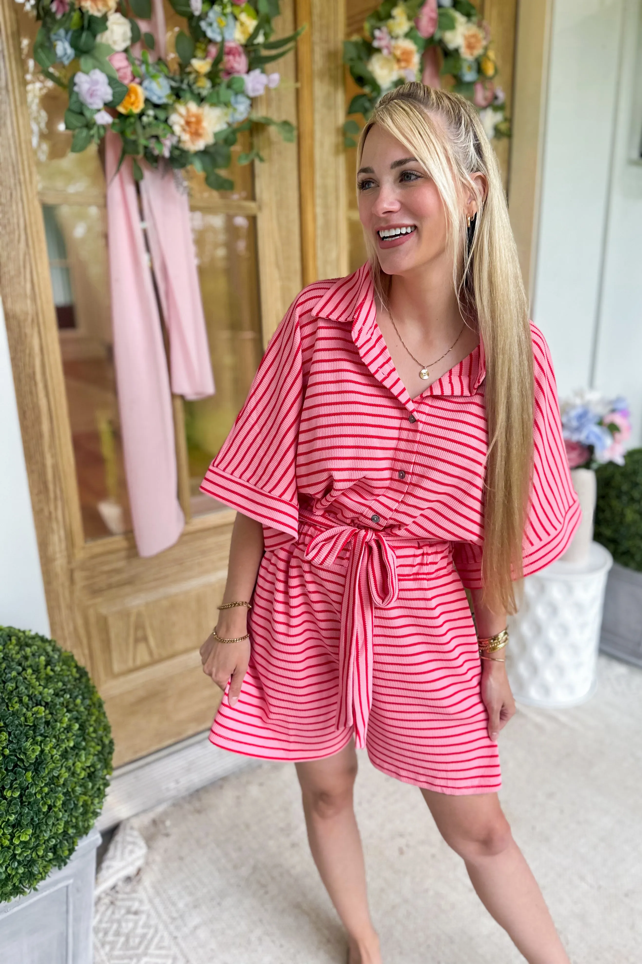 Adalin Textured Stripe Button Down Collared Romper *FINAL SALE