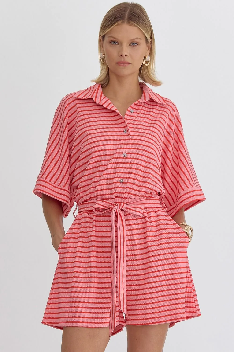 Adalin Textured Stripe Button Down Collared Romper *FINAL SALE