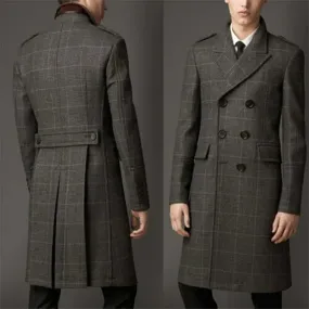 Aidase Wool Blend Coat Men Winter Over Jacket Double Breasted Checkered Business Long Overcoat Plus Size Warm Formal Business Tailored