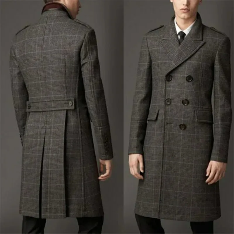 Aidase Wool Blend Coat Men Winter Over Jacket Double Breasted Checkered Business Long Overcoat Plus Size Warm Formal Business Tailored