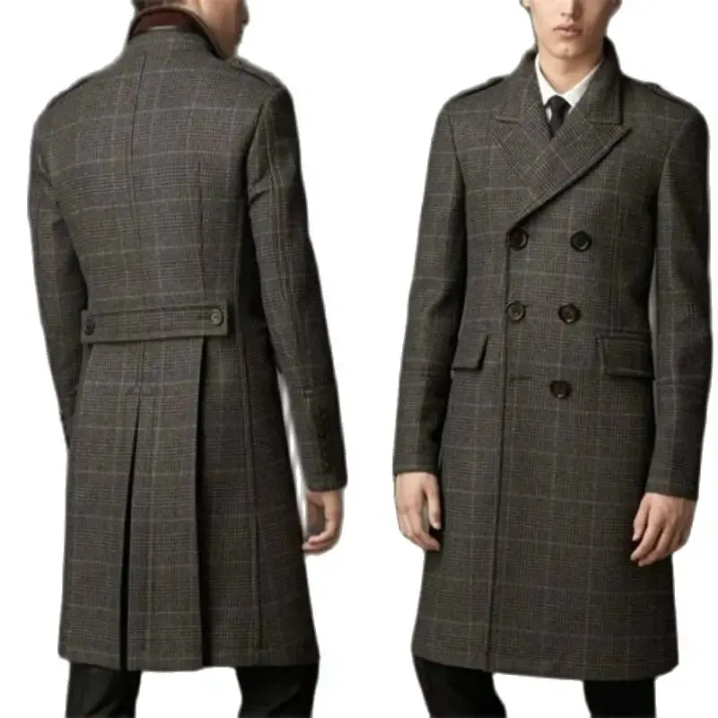 Aidase Wool Blend Coat Men Winter Over Jacket Double Breasted Checkered Business Long Overcoat Plus Size Warm Formal Business Tailored