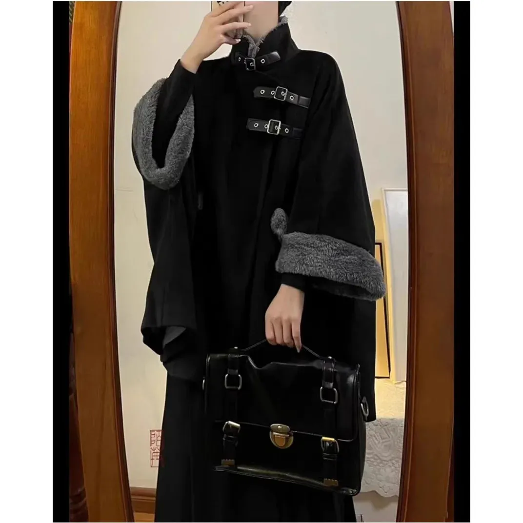 Aiertu Chinese Style Cloak Coat Women New Chinese High end Plush Capes Autumn and Winter Loose Causal Warm Black Coat Women Clothing