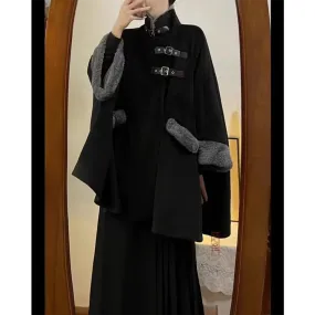 Aiertu Chinese Style Cloak Coat Women New Chinese High end Plush Capes Autumn and Winter Loose Causal Warm Black Coat Women Clothing