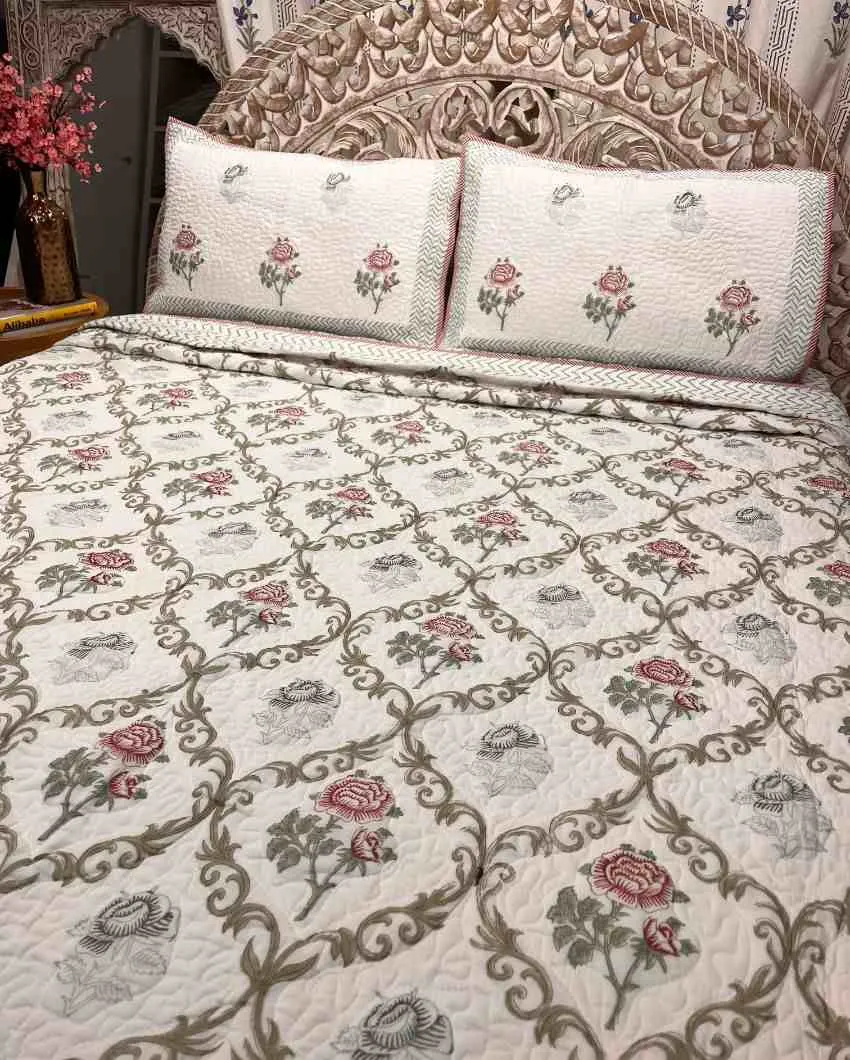 Ambrose Hand Block Mulmul Cotton Bedcover Set | 90 x 108 inches