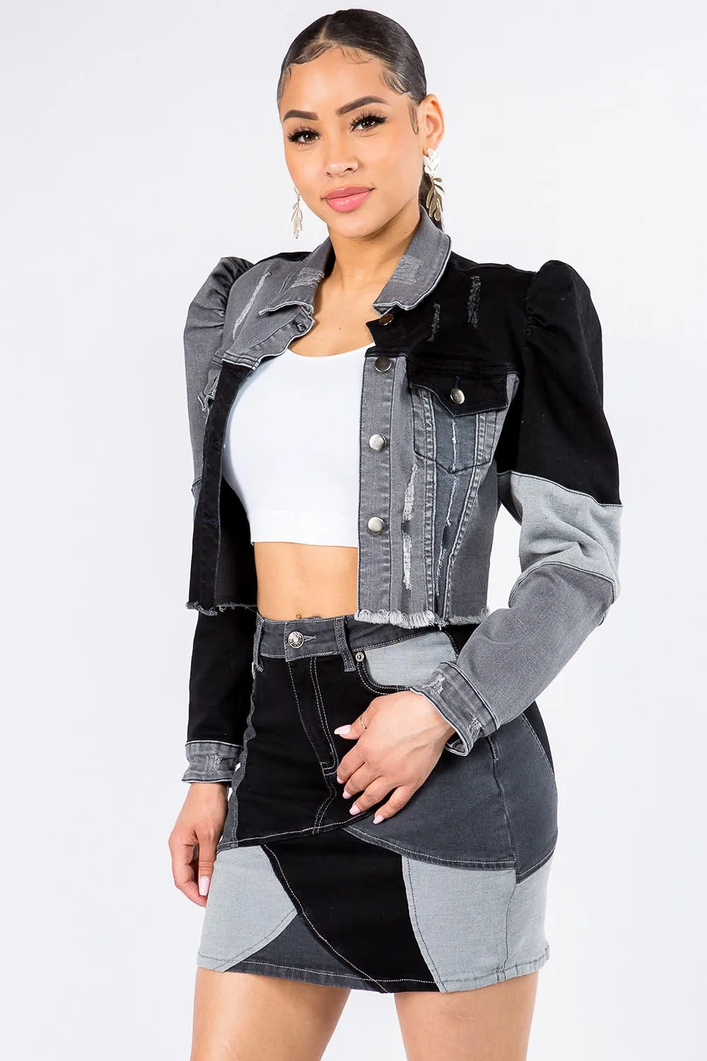 American Bazi Button Up Cropped Patchwork Denim Jacket