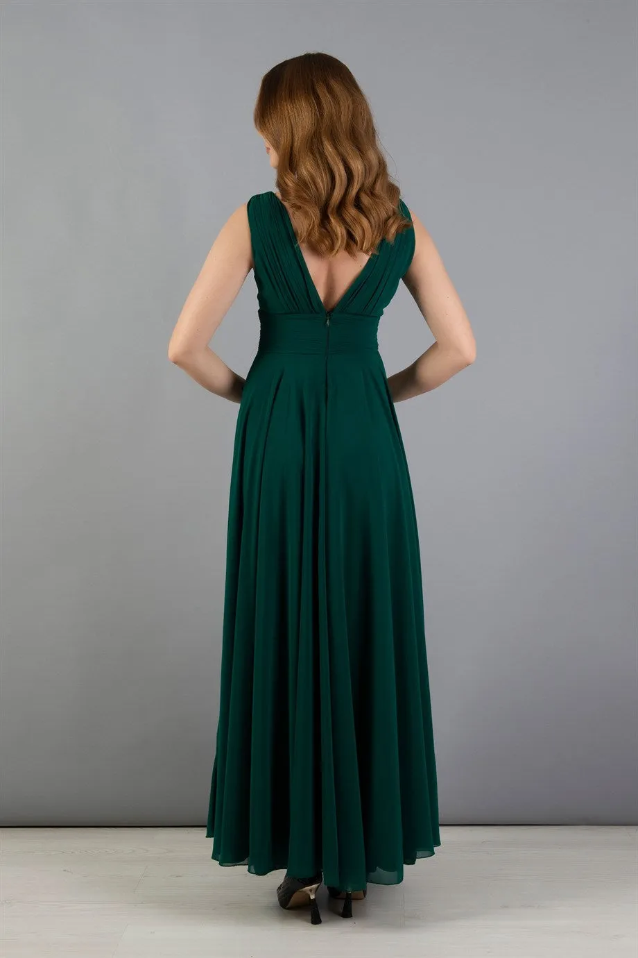 Angelino Green Chiffon V Yaka Long Evening Dress