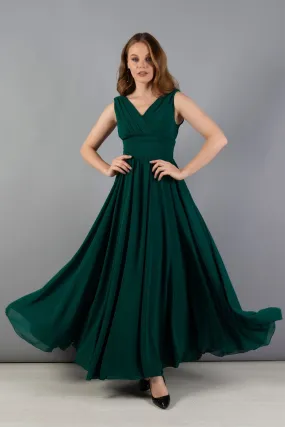 Angelino Green Chiffon V Yaka Long Evening Dress