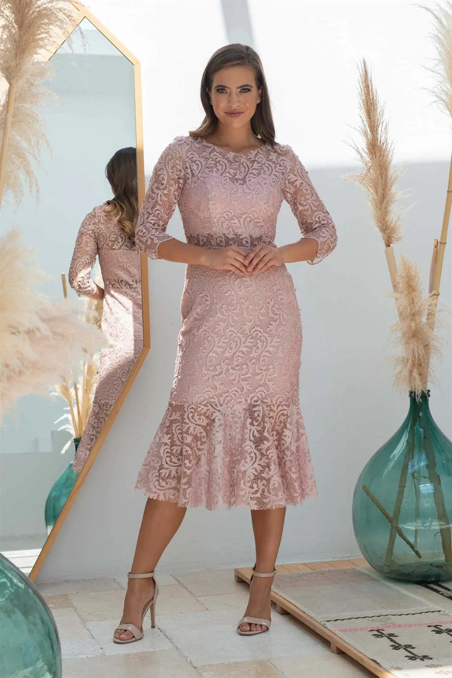 Angelino Powder Lace Half Sleeve Word Dress Dress