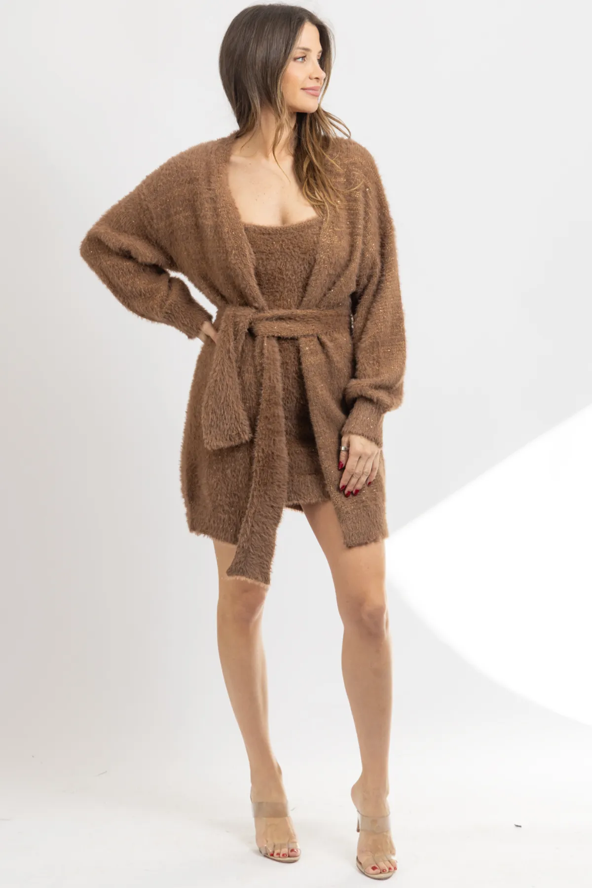 ANGORA BROWN MINI DRESS   CARDI