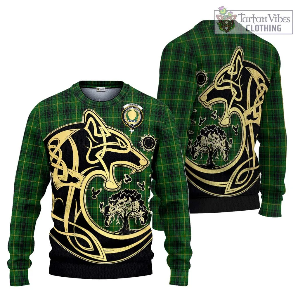 Arthur Tartan Ugly Sweater with Family Crest Celtic Wolf Style