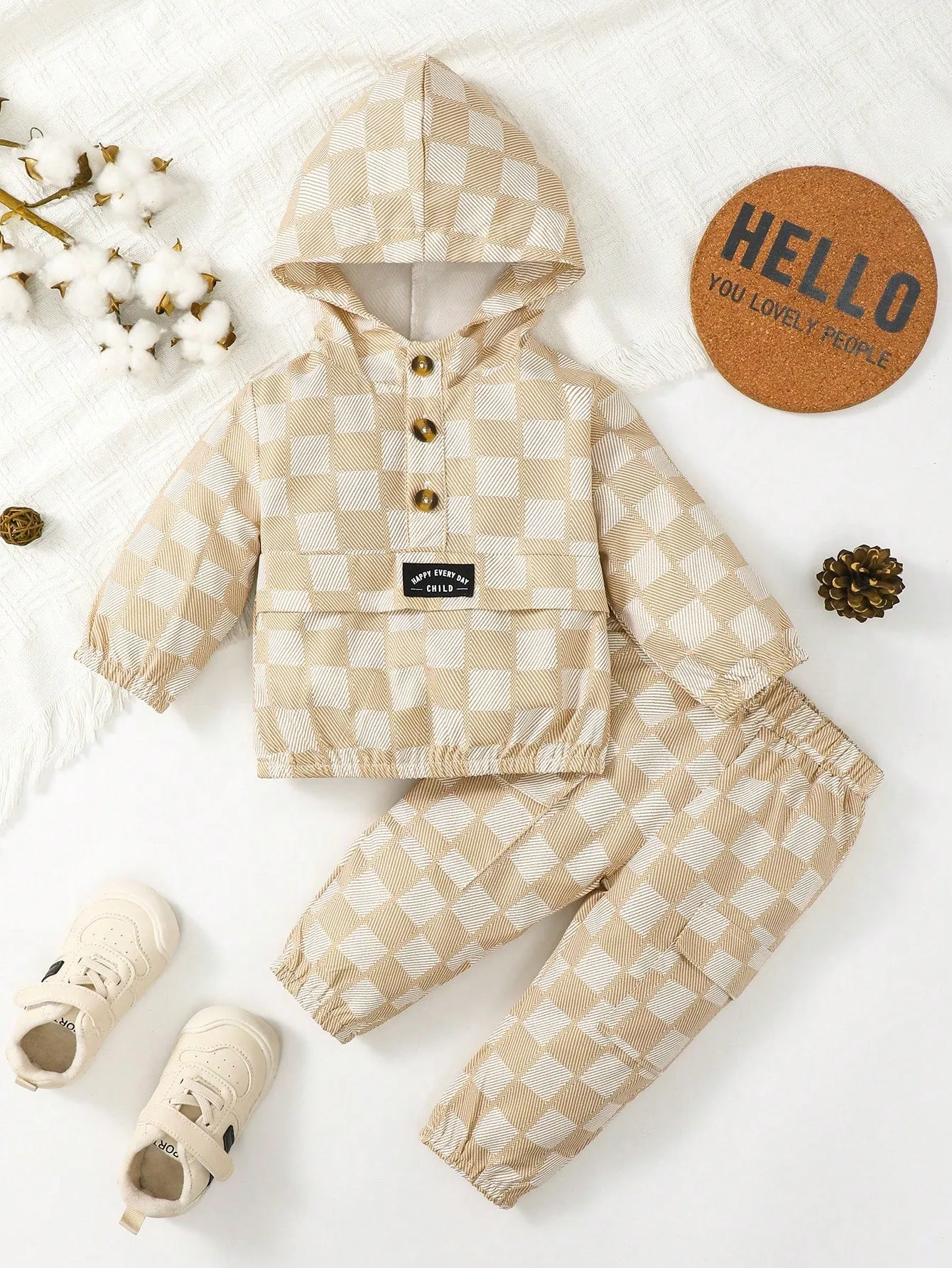 Baby Boy Checker Print Letter Patched Detail Hoodie & Sweatpants