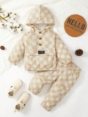 Baby Boy Checker Print Letter Patched Detail Hoodie & Sweatpants