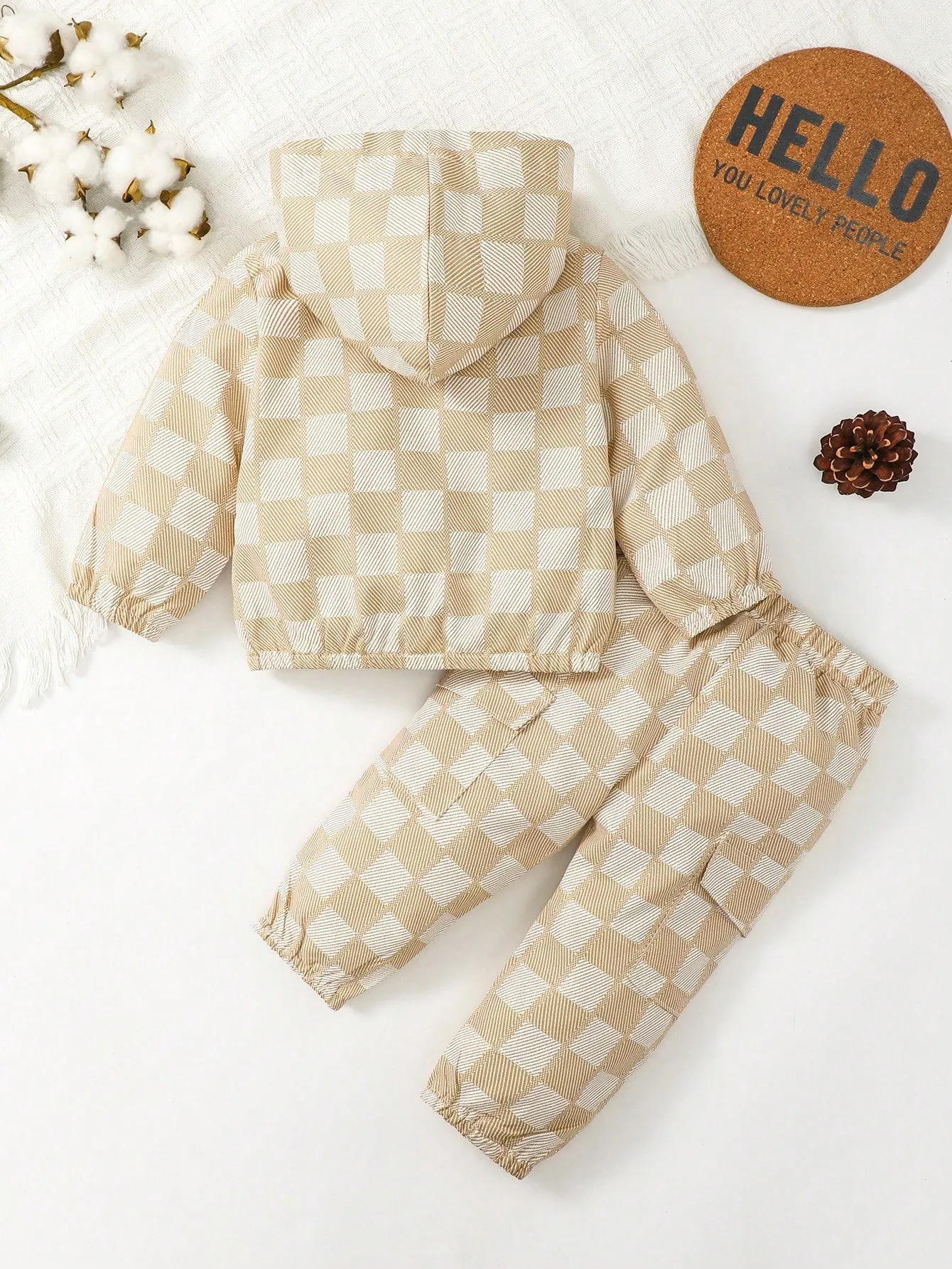 Baby Boy Checker Print Letter Patched Detail Hoodie & Sweatpants