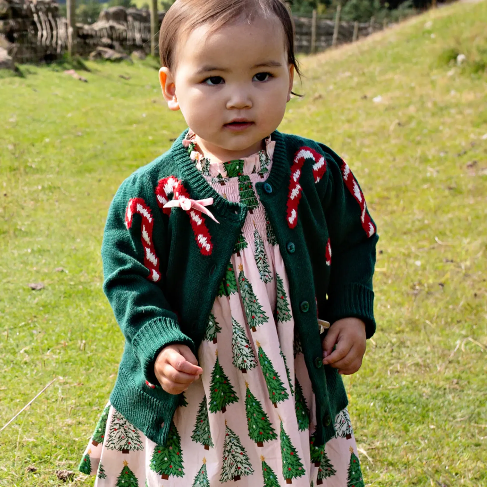 Baby Constance Sweater - Green Candy Cane Bows