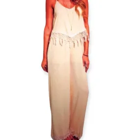 Beige Sleeveless Crochet Wide Leg Jumpsuit