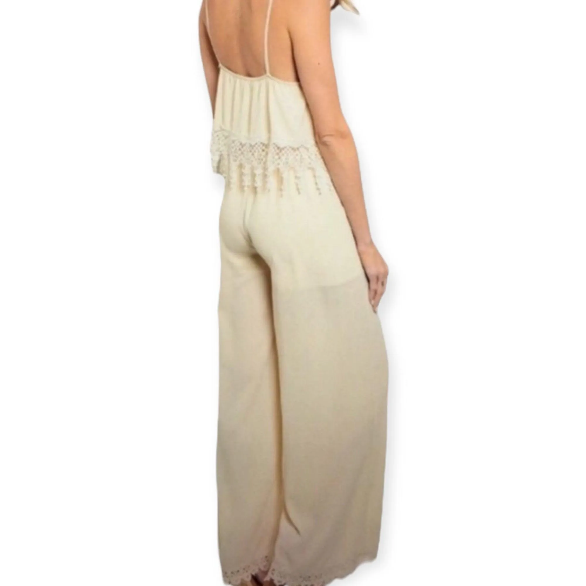 Beige Sleeveless Crochet Wide Leg Jumpsuit