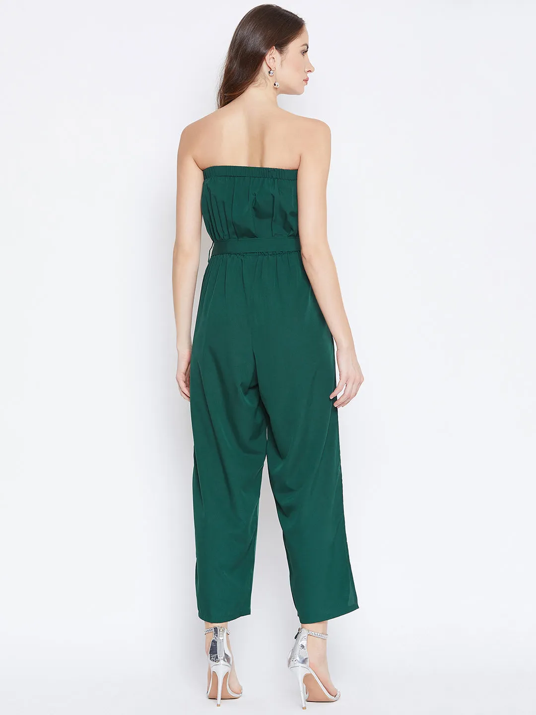 Berrylush Women Solid Green Off-Shoulder Sleeveless Waist Tie-Up Jumpsuit