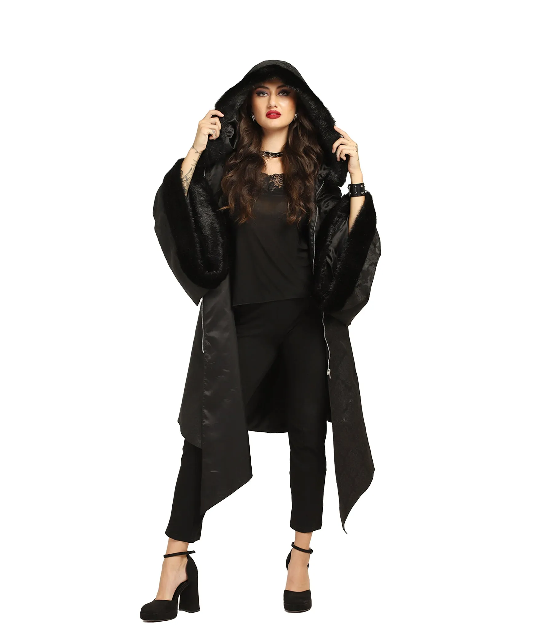 Black Brocade Long Coat with Fur-Trimmed Sleeves and Hood – Wholesale