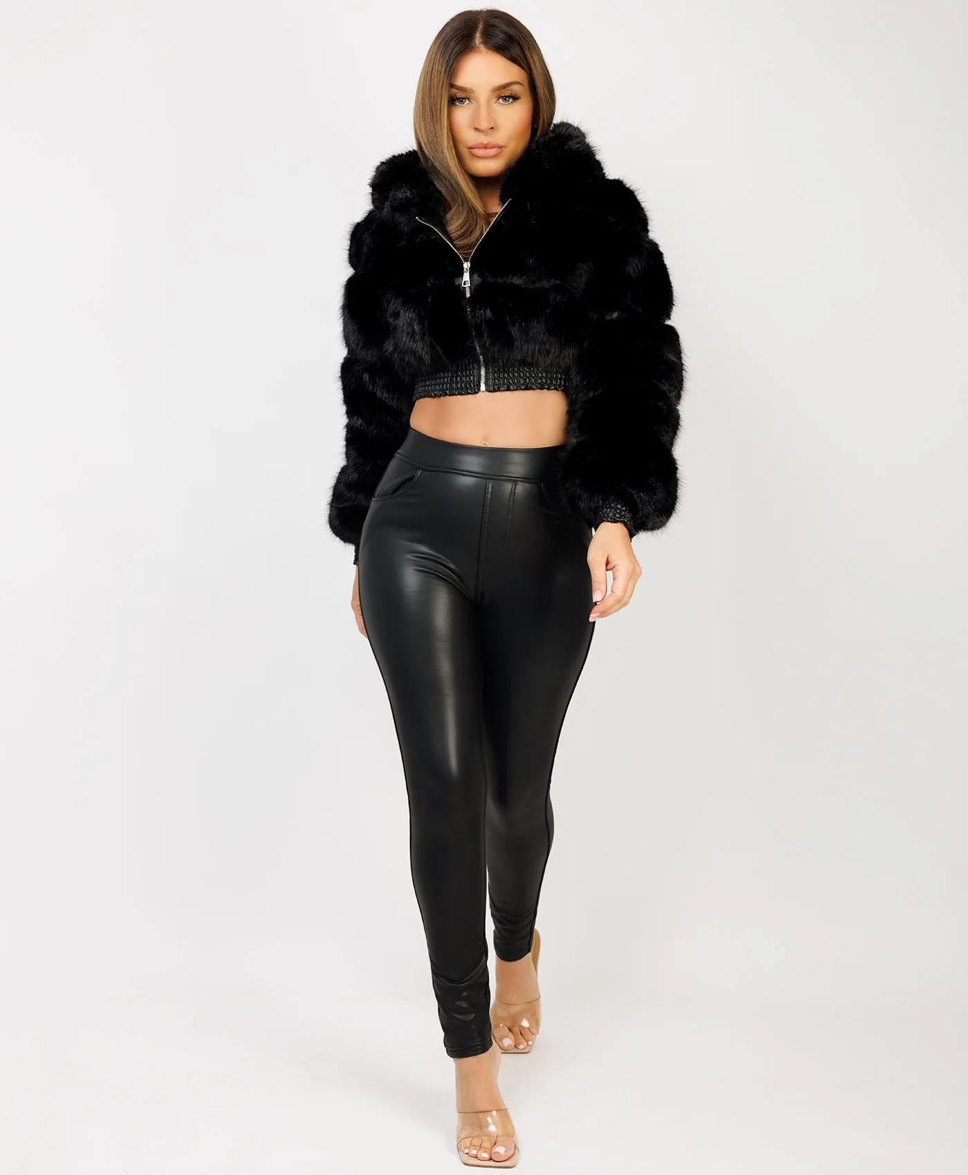 Black Cropped Hooded Faux Fur Tiered Coat Jacket