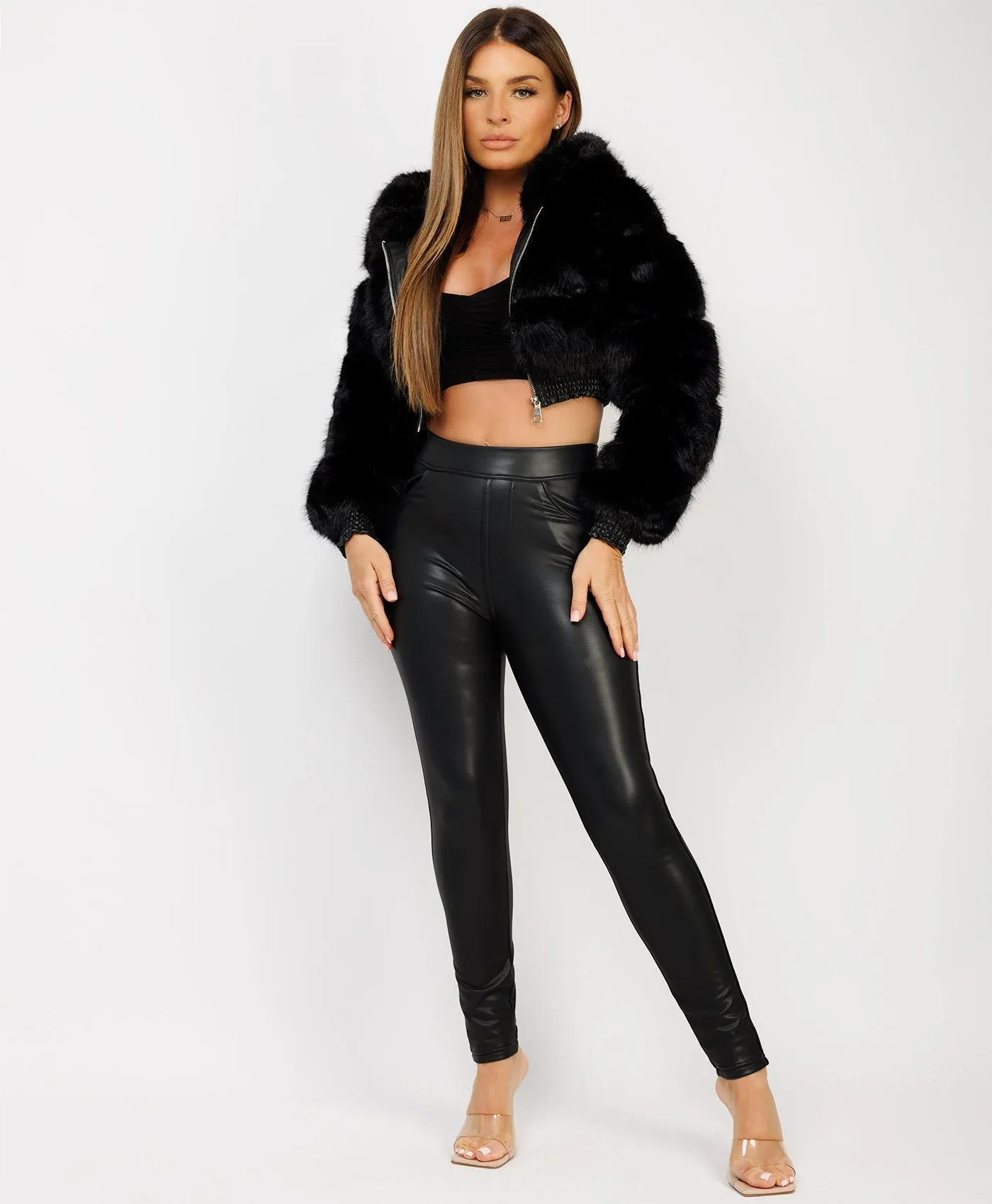 Black Cropped Hooded Faux Fur Tiered Coat Jacket