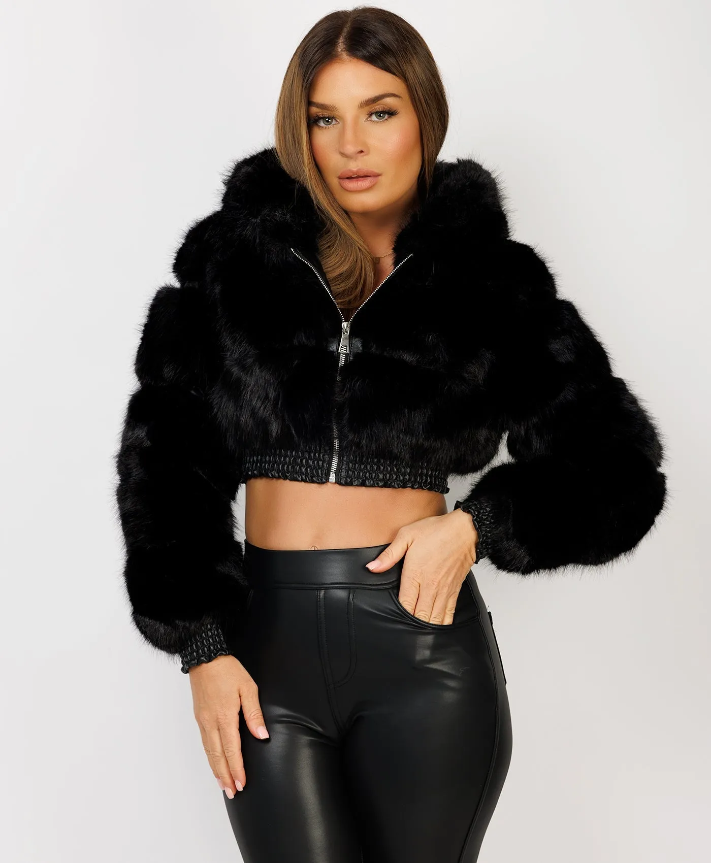 Black Cropped Hooded Faux Fur Tiered Coat Jacket