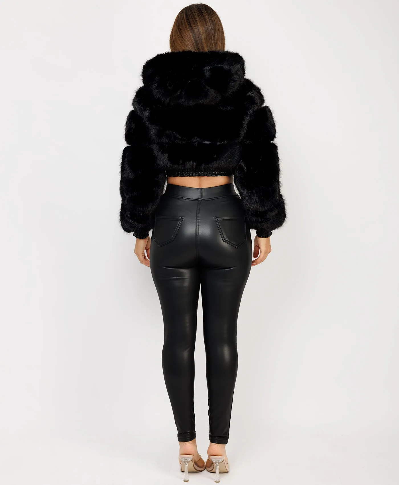 Black Cropped Hooded Faux Fur Tiered Coat Jacket