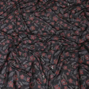 Black Premium Cotton Voile Fabric with Bold Red Floral Embroidery - Traditional Thobe Material, 140 cm Wide-D20225