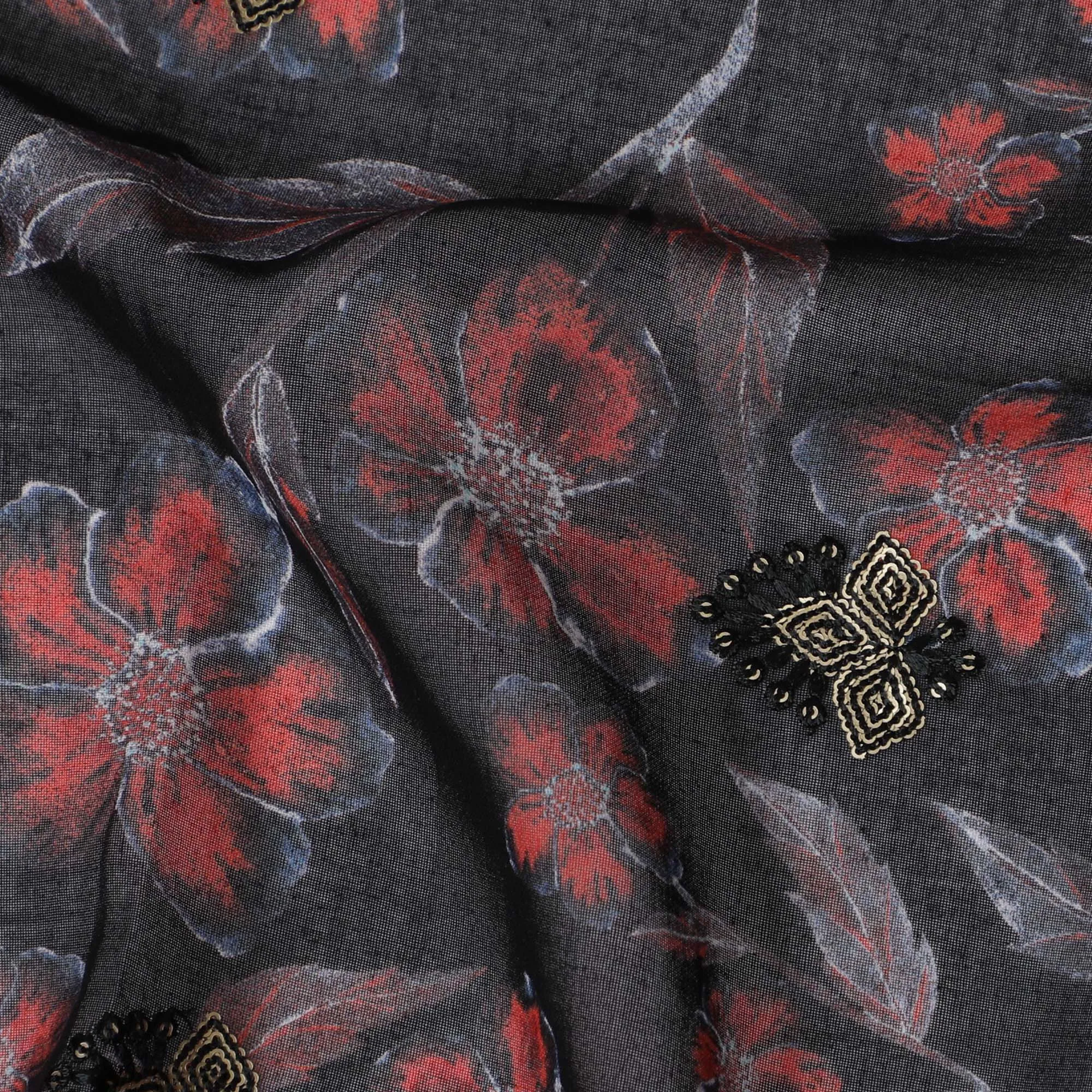 Black Premium Cotton Voile Fabric with Bold Red Floral Embroidery - Traditional Thobe Material, 140 cm Wide-D20225