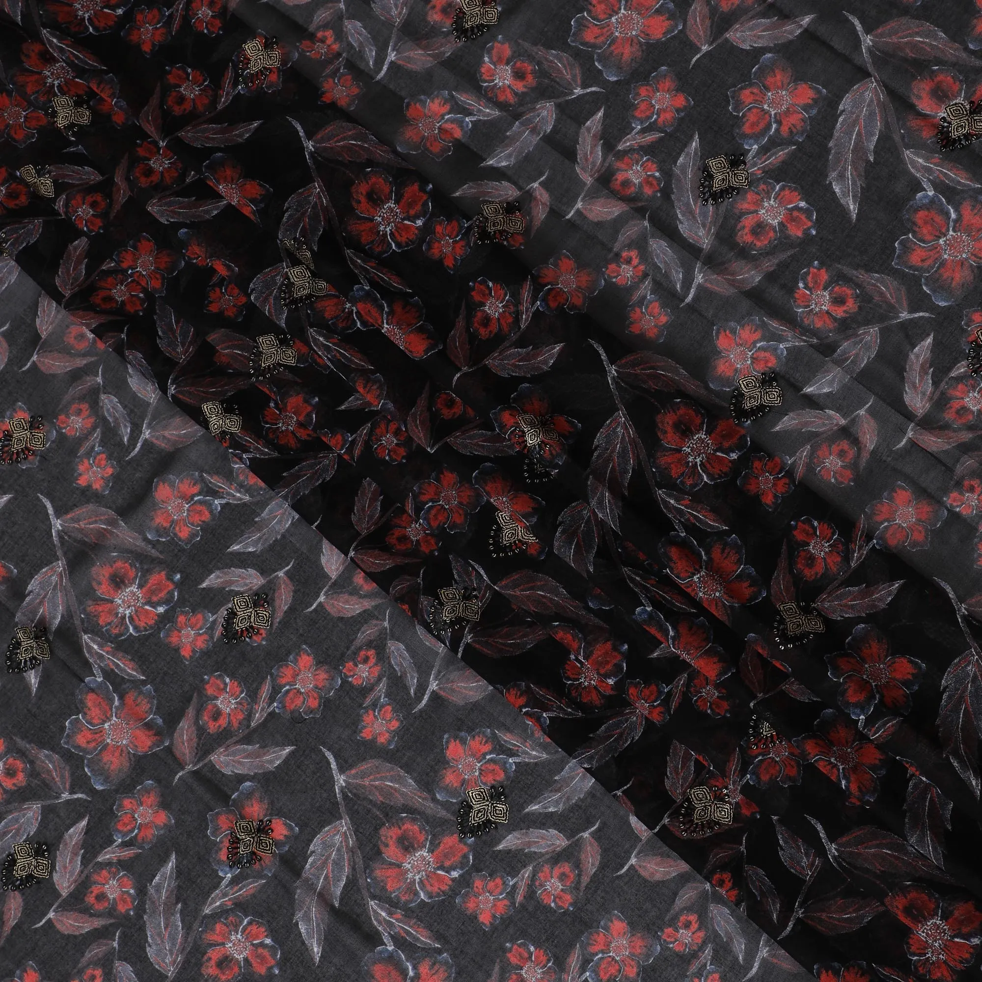 Black Premium Cotton Voile Fabric with Bold Red Floral Embroidery - Traditional Thobe Material, 140 cm Wide-D20225