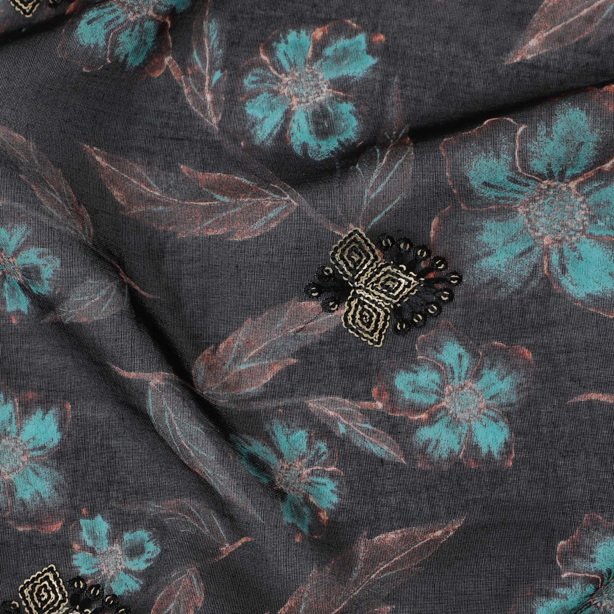 Black Premium Cotton Voile Fabric with Vibrant Red Floral Embroidery - Traditional Thobe Material, 140 cm Wide-D20224