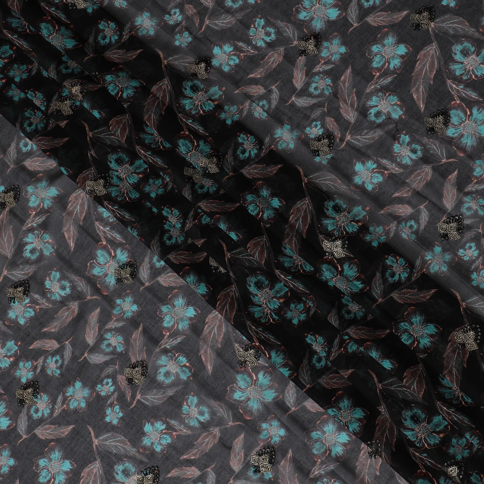 Black Premium Cotton Voile Fabric with Vibrant Red Floral Embroidery - Traditional Thobe Material, 140 cm Wide-D20224