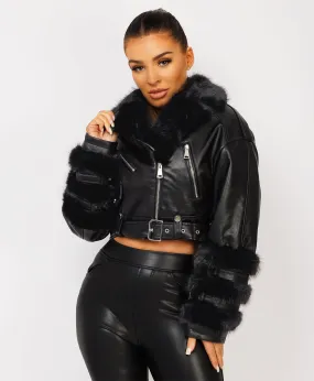 Black Vegan Leather Faux Fur Trim Aviator Jacket