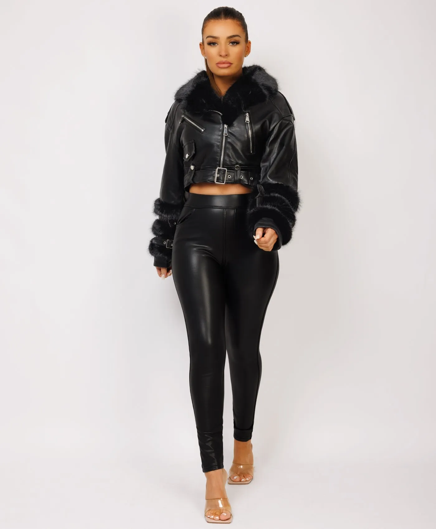 Black Vegan Leather Faux Fur Trim Aviator Jacket