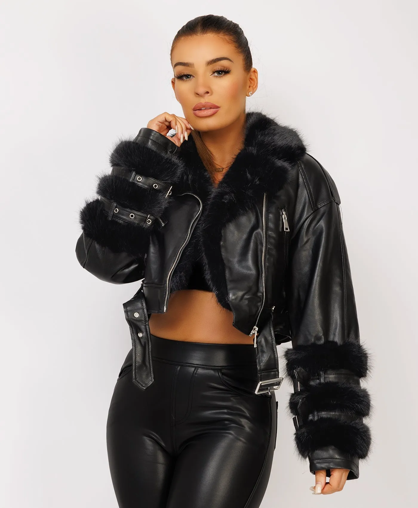 Black Vegan Leather Faux Fur Trim Aviator Jacket