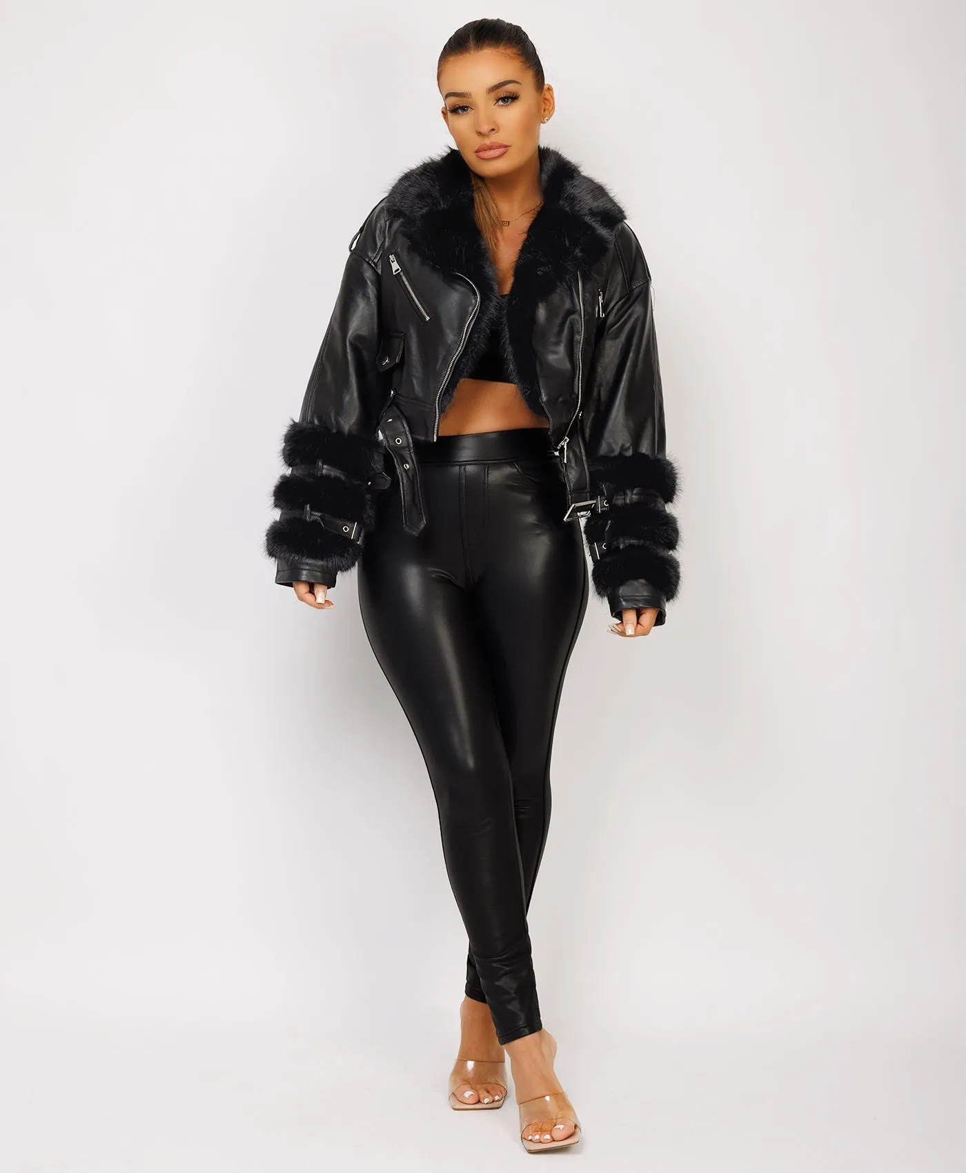 Black Vegan Leather Faux Fur Trim Aviator Jacket