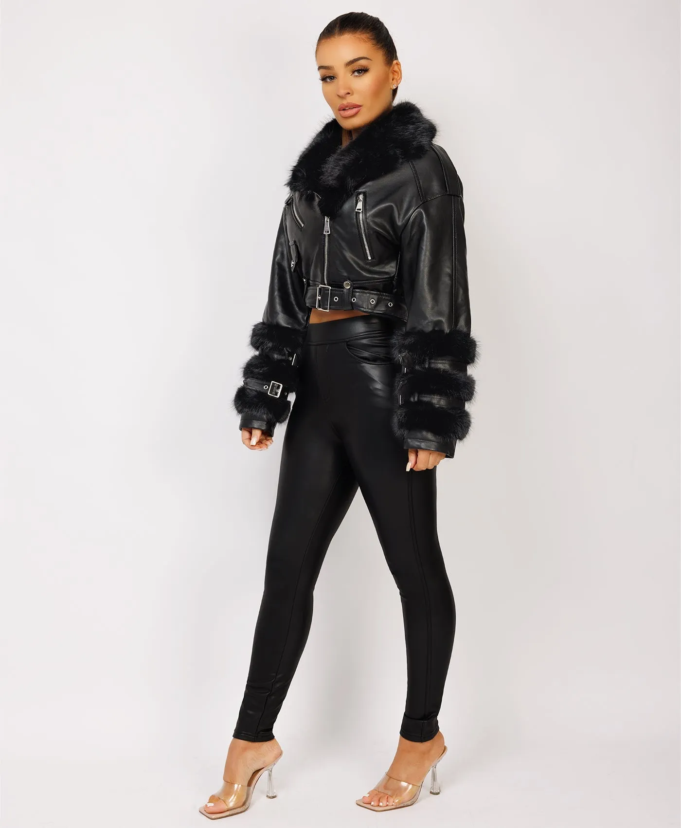 Black Vegan Leather Faux Fur Trim Aviator Jacket