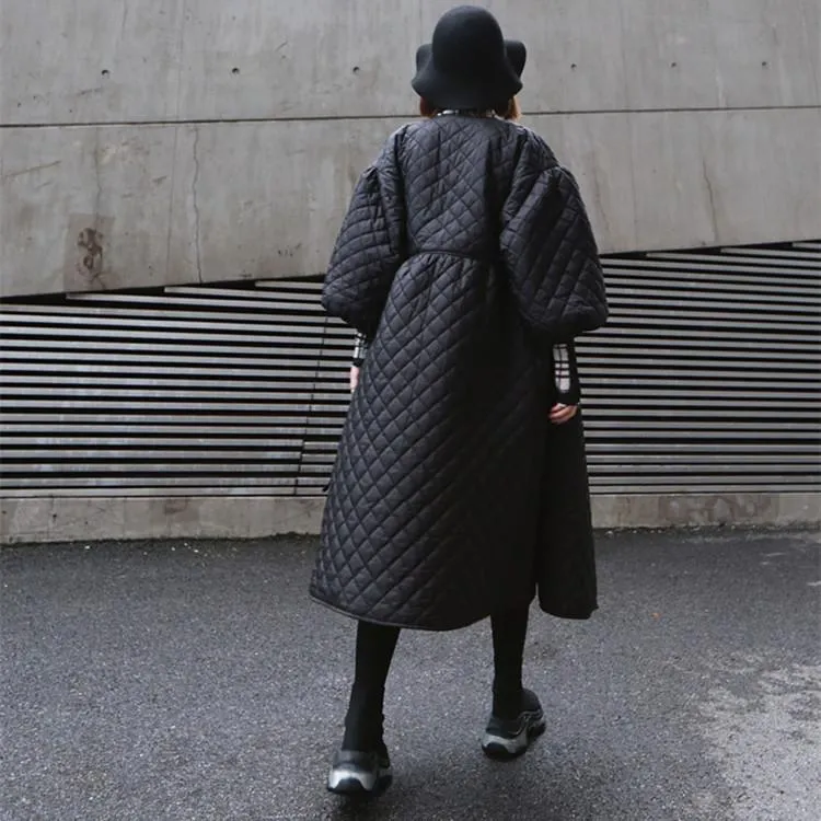 Black Women Puff Sleeves Rhombus Oversize Warm Winter Overcoat