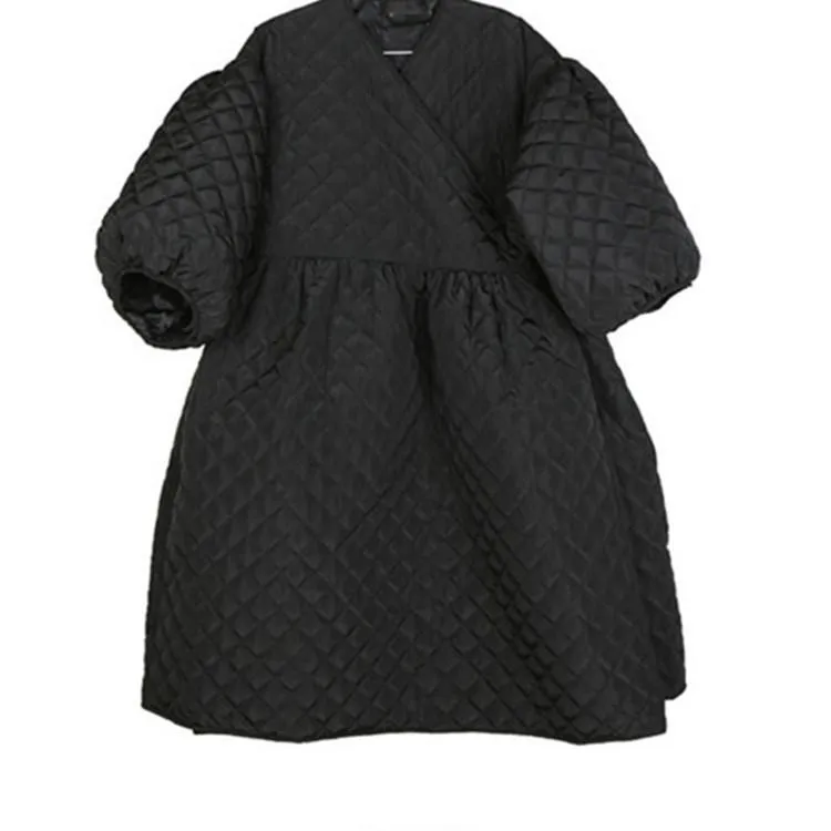 Black Women Puff Sleeves Rhombus Oversize Warm Winter Overcoat